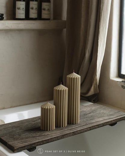 LAWA Ribbed Peak Pillar Candle - Large Beautiful Handmade Pillar Scented Soy Wax Candle Elegant Bubble Aesthetic Candle Housewarming Gift Home Room Shelf Decor Idea White (Set of 3, Olive Beige)