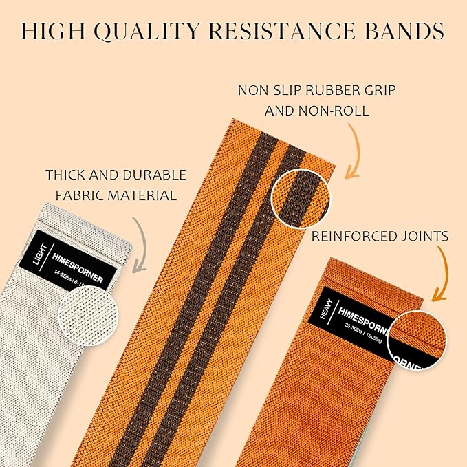 9 PCS Fabric Resistance Bands Set for Working Out, Non-Slip Exercise Booty Bands for Women & Men Leg and Glutes with Hair Ties and Tape Measure - for Home Gym Workout, Yoga, Pilates