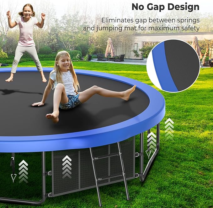 12 14 15 16FT Trampoline Outdoor with Basketball Hoop, Trampoline with Lights for Kids and Adults, Recreational Trampolin with Sprinkler, Stakes
