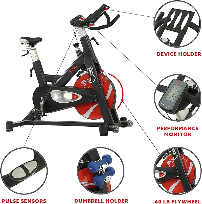 Sunny Health & Fitness Indoor Cycling Exercise Bike w/Pulse Sensors & 4-Way Adjustable Seat, Stationary Home Cardio Training Machine w/Micro-Adjustable Magnetic Resistance for Intensive Cardio Session