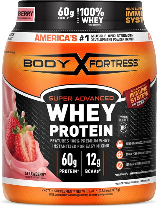 Body Fortress Super Advanced Whey Protein Powder, Strawberry, Immune Support (1), Vitamins C & D