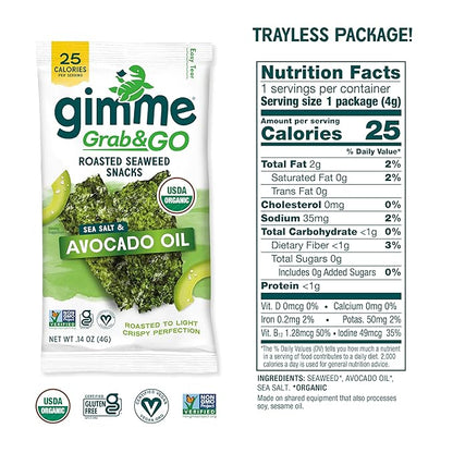 Gimme Seaweed Grab & Go Organic Premium Roasted Seaweed Snacks, Sea Salt & Avocado Oil, 5 Count Trayless, Keto, Vegan, Gluten-Free, Source of Omega3s, Healthy On-The-Go Snack for Kids & Adults