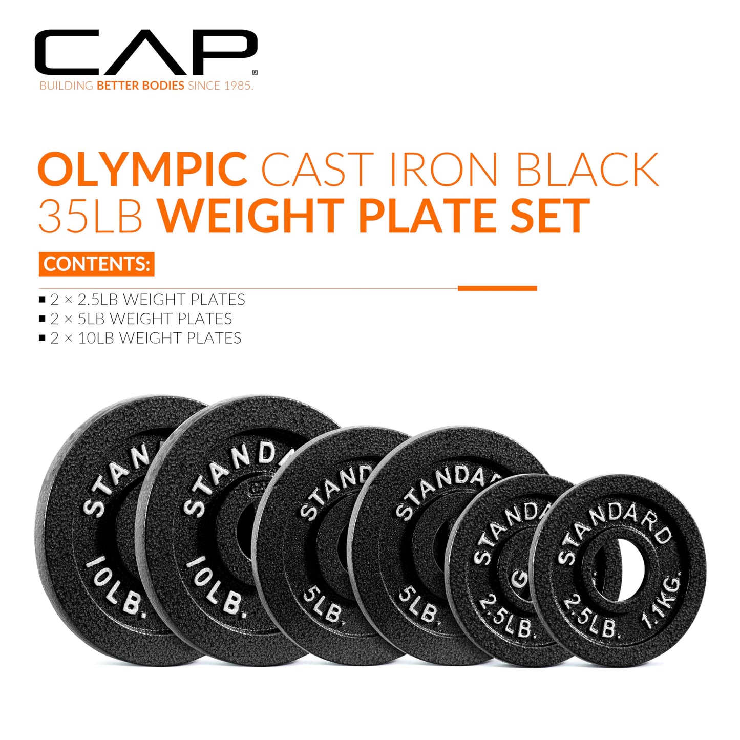 CAP Barbell Cast Iron Olympic Black Weight Plate, Set 2.5 lb x2, 5 lb x2 lb, 10 lb x2