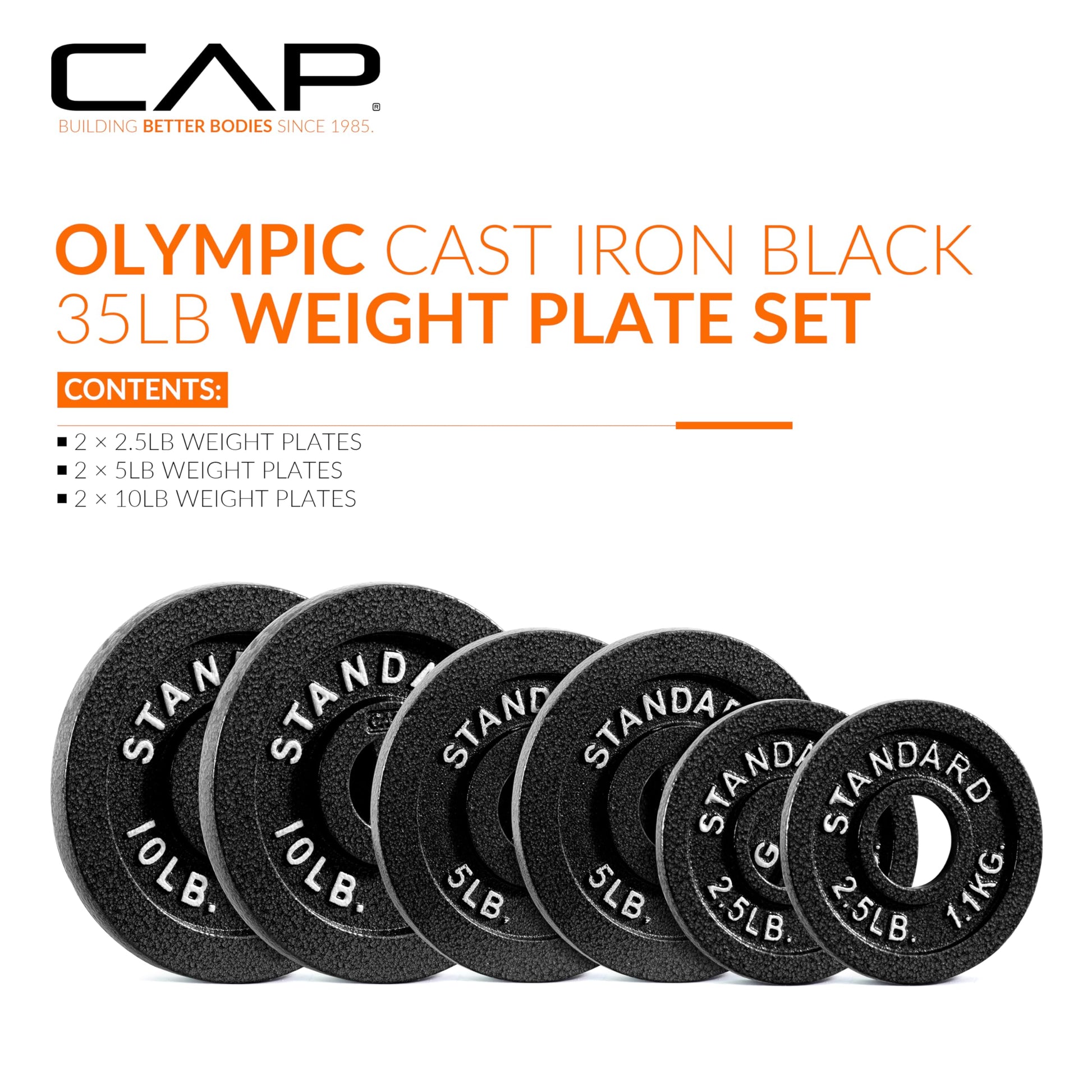 CAP Barbell Cast Iron Olympic Black Weight Plate, Set 2.5 lb x2, 5 lb x2 lb, 10 lb x2