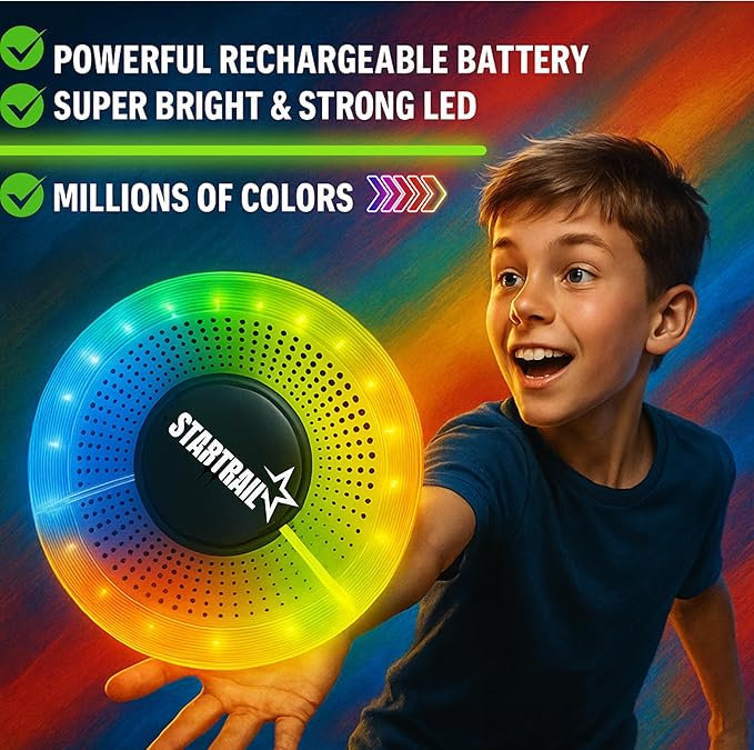TOMLEON LED Flying Disc with Millions of Colors, Rechargeable & Waterproof, Smart Light Modes, Light-Up 175g - Frisbee for Outdoor Fun, Camping, Birthdays for Men, Boys, Teens, & Kids