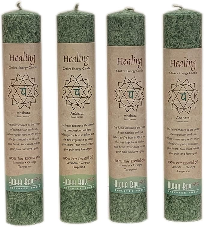 Premium Scented Candle Hand Made Chakra Energy Pillar | 4-Pack | Healing, Anahata | Yoga, Prayer & Meditation Candle | Long Burn 15 Hours | Essential Oils of Lavandin, Orange & Tangerine | Aloha Bay