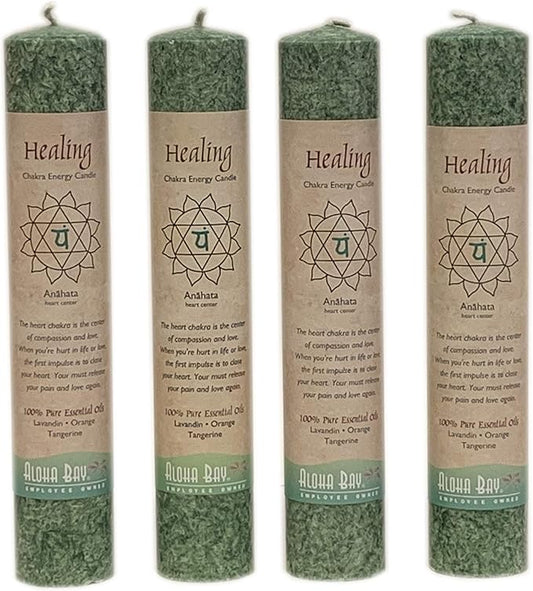 Premium Scented Candle Hand Made Chakra Energy Pillar | 4-Pack | Healing, Anahata | Yoga, Prayer & Meditation Candle | Long Burn 15 Hours | Essential Oils of Lavandin, Orange & Tangerine | Aloha Bay