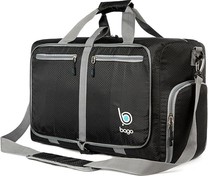 Bago Foldable Duffel Bags for Traveling Women & Men - 40L Sports Packable Duffle Bag for Travel with Shoe Compartment - Water Repellant, Heavy Duty, Lightweight Folding & Collapsible (Black)