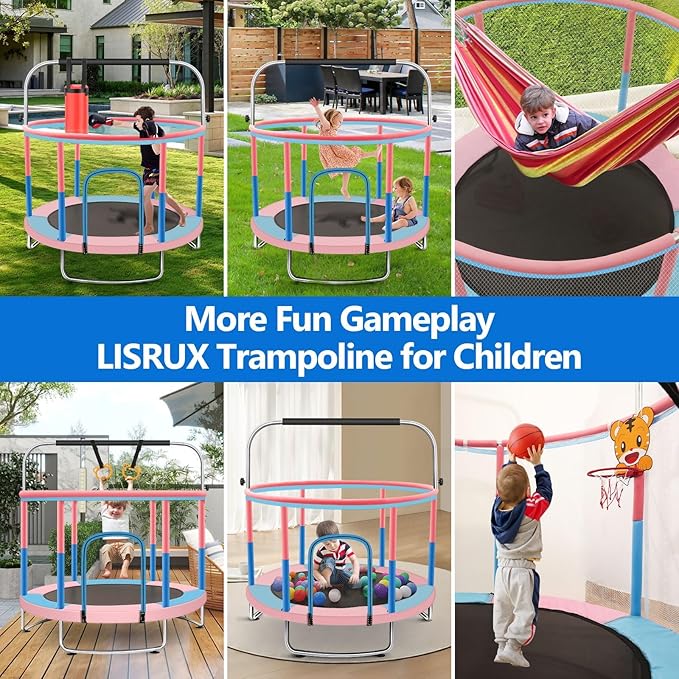 60" Toddler Trampoline for Kids, 5FT Adjustable Trampoline Indoor Outdoor with Enclosur Net, Mini Trampoline for Kids 3-10, 880lbs Capacity, Adjustable Gymnastics Bar, Basketball Hoop, Swing