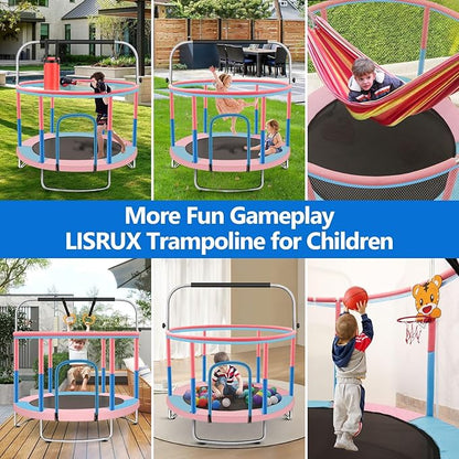 60" Toddler Trampoline for Kids, 5FT Adjustable Trampoline Indoor Outdoor with Enclosur Net, Mini Trampoline for Kids 3-10, 880lbs Capacity, Adjustable Gymnastics Bar, Basketball Hoop, Swing