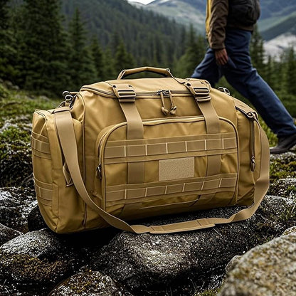 Duffel Bag – Heavy Duty Tactical Gym Bag for Men, Splashwater-Proof Weekender Travel Bag for Basketball, Football, Soccer, Hiking, and Hunting (Khaki)