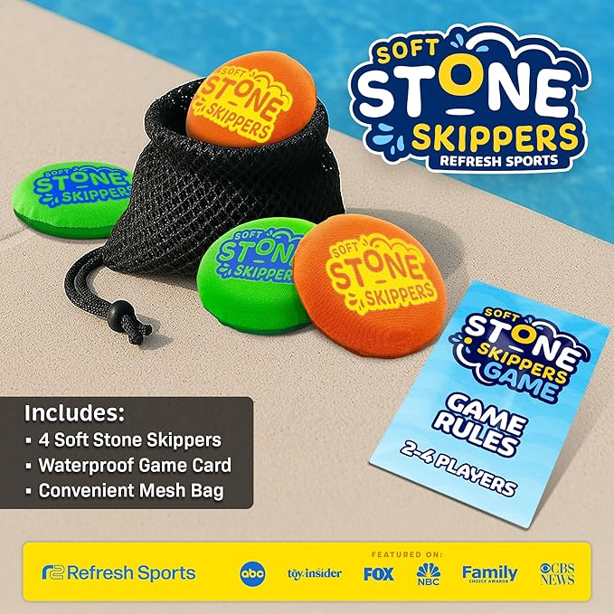 Soft Stone Skippers Game – Fun Pool Toys for Kids All Ages - 4 Pack Water Skipping Discs Set – Best Beach Games Gifts for Boys & Girls Ages 5 6 7 8 9 10 11 + Year Old - Water Bouncing Skip Ball Toy