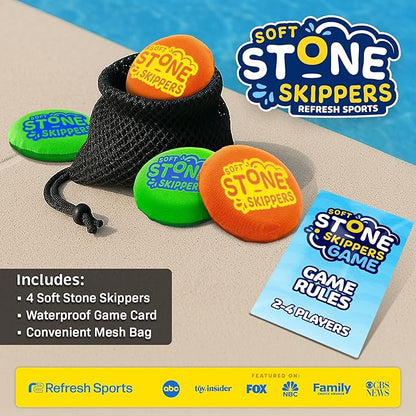 Soft Stone Skippers Game – Fun Pool Toys for Kids All Ages - 4 Pack Water Skipping Discs Set – Best Beach Games Gifts for Boys & Girls Ages 5 6 7 8 9 10 11 + Year Old - Water Bouncing Skip Ball Toy
