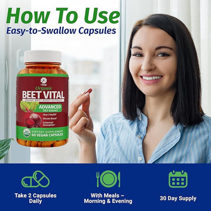 1 Body Beet Vital, Organic Beetroot Supplements for Circulation, Energy, & Stamina, Nitric Oxide Booster Beets Supplements with 1360mg Beetroot Extract, Vegan, Non-GMO, 60 Organic Beet Root Capsules