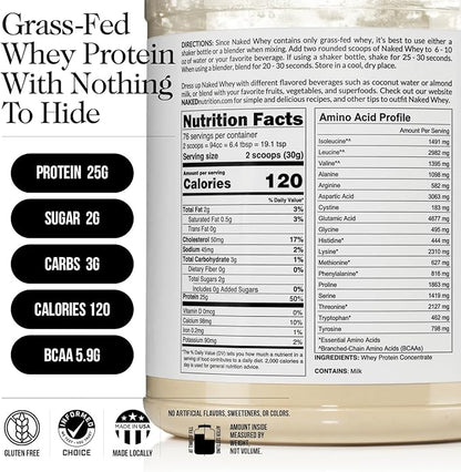 NAKED WHEY 5LB 100% Grass Fed Unflavored Whey Protein Powder - Only 1 Ingredient, Undenatured - No GMO, Soy or Gluten - No Preservatives - Promote Muscle Growth and Recovery - 76 Servings