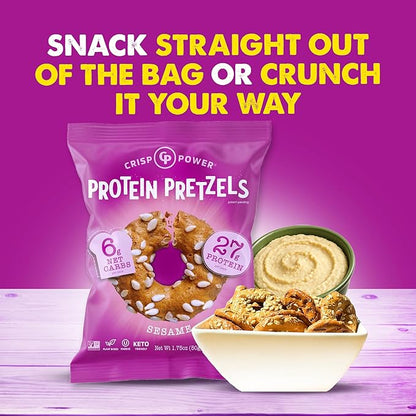 Crisp Power Protein Pretzels, Variety Pack With Sea Salt, Sesame, & Everything, Vegan Keto Snack, Plant Based Protein, Low Carb Crunchy Pretzel Snacks, Sugar Free, No Seed Oils, 1.75 Oz Bags, 24 Pack