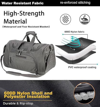 Gym Bag for Women & Men Tactical Duffle Military Weekender Work Out Lightweight Waterproof Sports Tote Shoe Pocket Gray