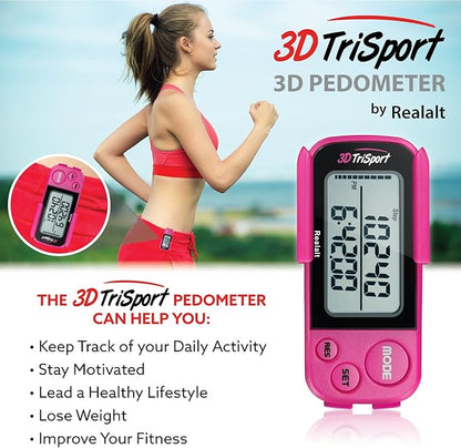 3DTriSport Walking 3D Pedometer with Clip & Strap, eBook Included | 30 Days Memory, Accurate Step Counter, Walking Distance Miles/Km, Calorie Counter, Daily Exercise Time Monitor