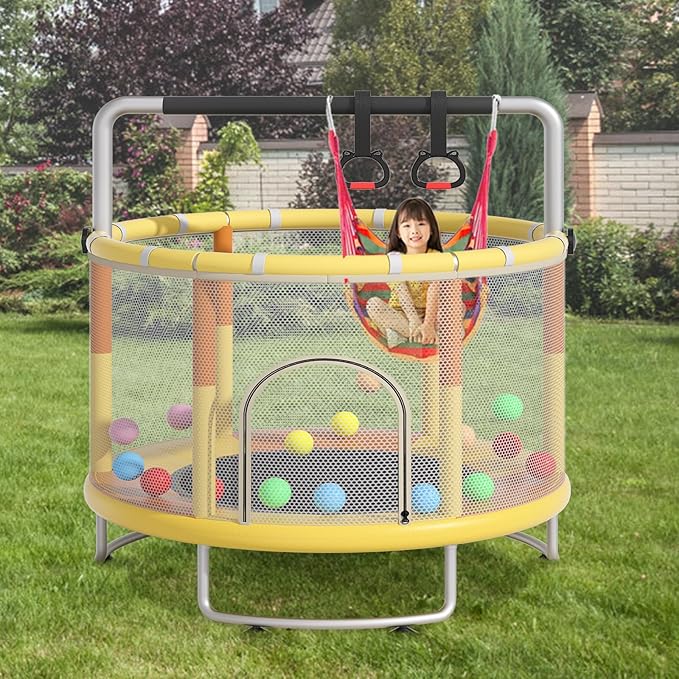 55" Small Trampoline for Kids, Telawah Indoor Outdoor with with Enclosure Net, Safety Enclosure, Round Jumping Mat with Basketball Hoops, Birthday Gifts for Children