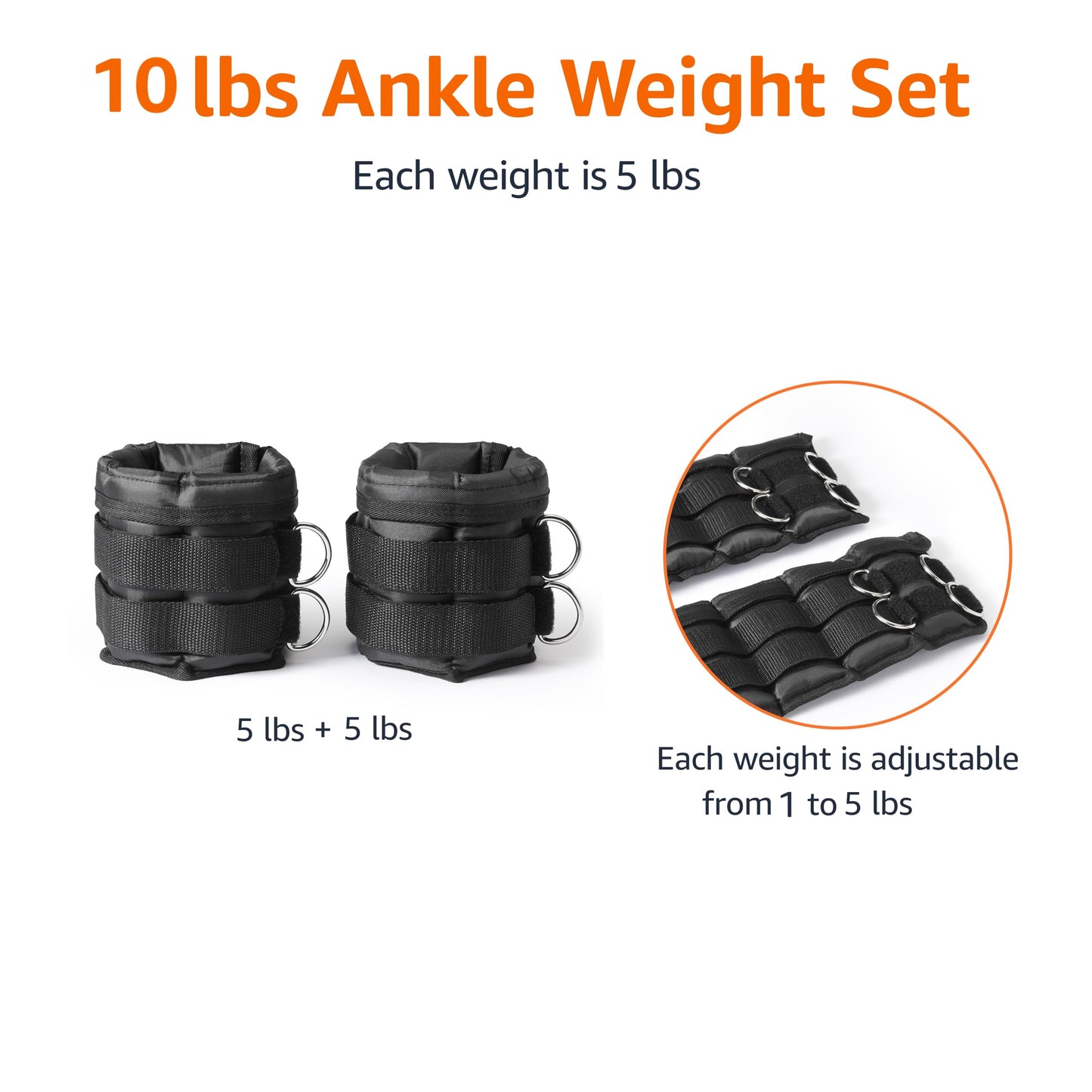 Amazon Basics Adjustable Ankle Weights for Men & Women,10 lb Set (5 lb Each), for Workouts