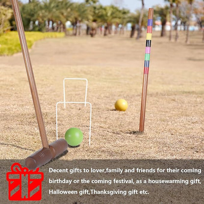 Brown Croquet Set for Adults - 8 Players Croquette Kit with 35In Deluxe, 32In Regulation Size Rubber Wood Mallets, Colored PE Ball, Wickets, End Stakes, Lawn Backyard Game for Families