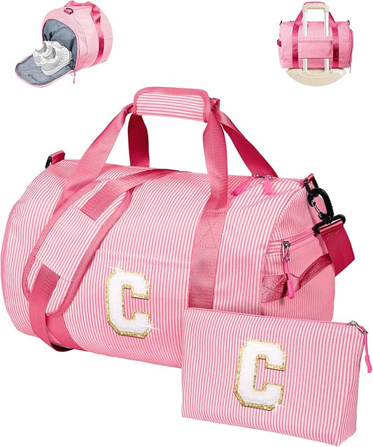Teen Girls Gifts Trendy Stuff, Girl Gym Bag, Kids Initial Overnight Duffel Bags with Shoe Compartment, Personalized Travel Bag with Makeup Pouch, Pink Gift for Daughter Niece (Letter C)