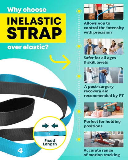 Stretching Strap with Loops - Non Elastic Stretch Band for Physical Therapy, Yoga Strap for Stretching Equipment, Stretch Bands for Exercise and Flexibility - Fascia, Hamstring & Leg Stretcher Belt