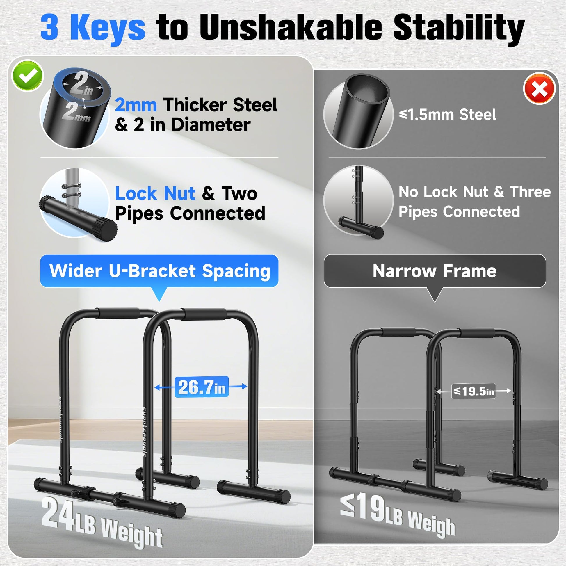 Sportsroyals Adjustable Dip Bar for Home,400lbs Cap Calisthenics Equipment