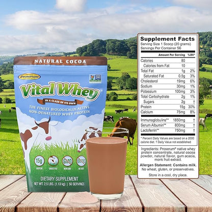 Grass-Fed Whey Protein Powder for Immune Vitality, Natural Cocoa 600g (30 Servings), 15g Protein Per Serve, Vital Whey, Clean Holistic, Wellness Nutrition