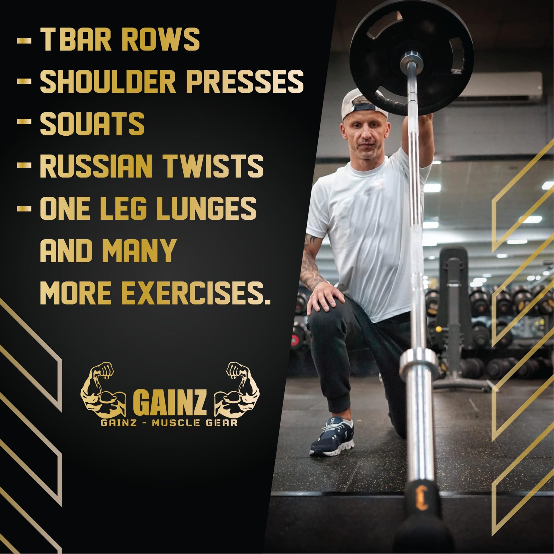 Gainz Landmine Row Barbell Attachment - T Bar/V Bar, 360° Swivel Rotation, Fits Standard 2-Inch Gym