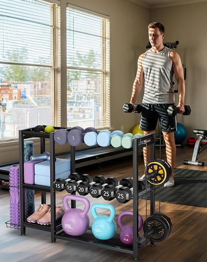 3-Tier Dumbbell Rack Stand Only - Adjustable Weight Rack for Home Gym, Heavy-Duty Weight Stand for Dumbbells Kettlebells Foam Roller Yoga Mats, Workout Equipment Storage Organizer With Hooks