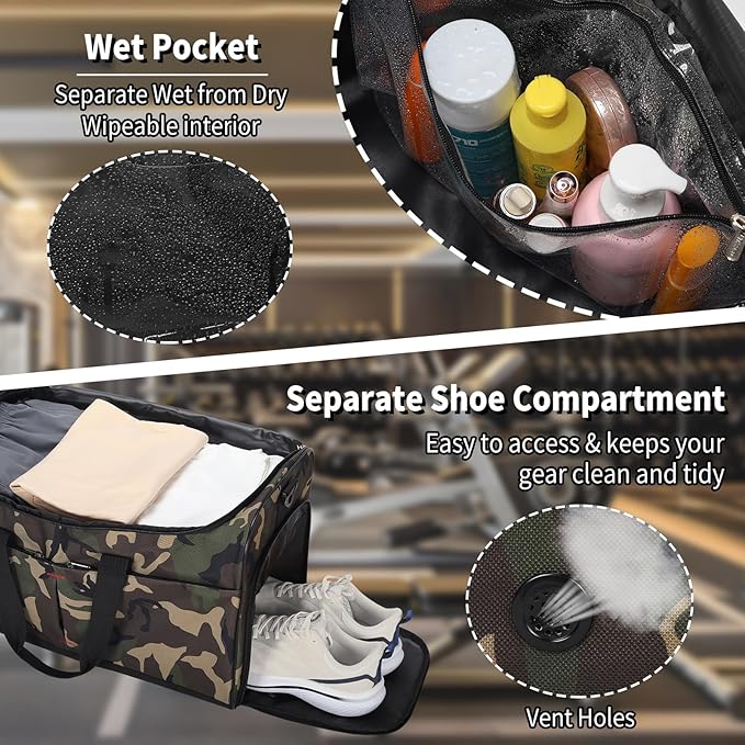 21 inch Gym Bag for Men with Shoe & Wet Compartment - 55L Duffle Bag for Travel Sport (Camouflage)