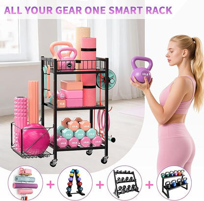 3-Tier Home Gym Storage Rack, Adjustable Yoga Mat Storage Rack, 250LBS Metal Workout Equipment Storage Cart with Large Basket & Lockable Wheels for Mats, Bands, Foam Rollers, Yoga Block (Rack Only)