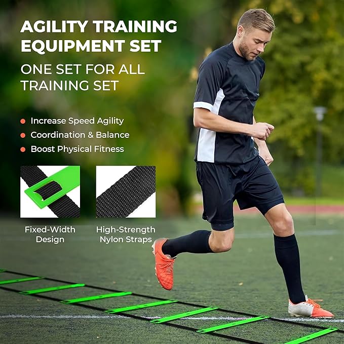 Agility Ladder Speed Training Equipment Set-2x 20ft Agility Ladder,12 Soccer Cones,4 Adjustable Hurdles, Jump Rope, Running Parachute| Basketball Football Soccer Training Equipment for Kids Adults