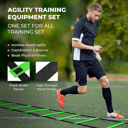 Agility Ladder Speed Training Equipment Set-2x 20ft Agility Ladder,12 Soccer Cones,4 Adjustable Hurdles, Jump Rope, Running Parachute| Basketball Football Soccer Training Equipment for Kids Adults