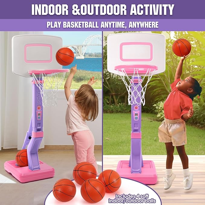 Super Joy Toddler Girl Basketball Hoop - Adjustable Kids Ball Hoop Set for Indoor - Portable Pink Mini Basketball Goal Outdoor Outside Pool Sport Toys Gifts for Baby Boys Age 1-3 2-4 3-5