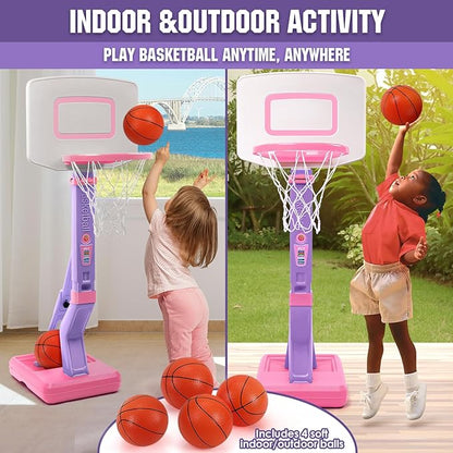 Super Joy Toddler Girl Basketball Hoop - Adjustable Kids Ball Hoop Set for Indoor - Portable Pink Mini Basketball Goal Outdoor Outside Pool Sport Toys Gifts for Baby Boys Age 1-3 2-4 3-5