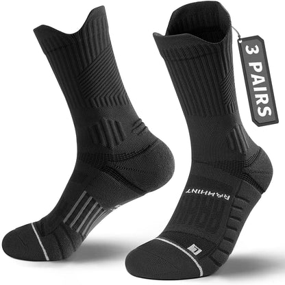 Rahhint Compression Running Socks 3 Pairs, Cushion Crew Socks, Anti-Blister Moisture Wicking