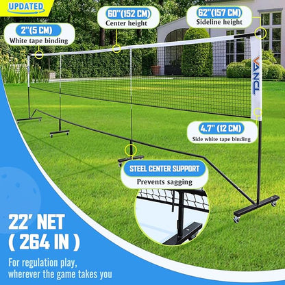 Pro Pickleball Net Portable with Wheels – 22ft Heavy Duty Pickleball Net System with Sturdy Aluminum Frame for Outdoor & Indoor – Nylon Net & Carrying Bag for Pickleball, Tennis, Badminton