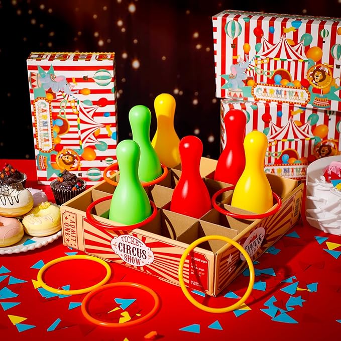 Wettarn Carnival Bottle Toss Game Ring Toss Games, Include a Circus Ticket Box 6 Plastic Bottles and 6 Throw Rings for Summer Carnival Outdoor Backyard Beach Party Activities