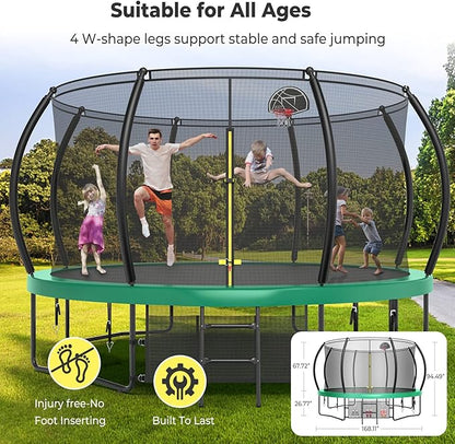 12 14 15 16FT Trampoline Outdoor with Basketball Hoop, Trampoline with Lights for Kids and Adults, Recreational Trampolin with Sprinkler, Stakes
