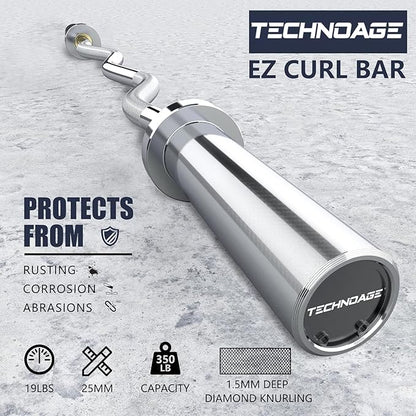TECHNOAGE Olympic EZ Curl Bar, 47" Curl Bar(350/500LBS Capacity) 20LB, Solid Steel, Chrome Finish Barbell with Copper Sleeve and Bearing for 2-inch Plates, for Weight Lifting,Hip Thrusts,Squat,Biceps-Home Gym Weight Bar
