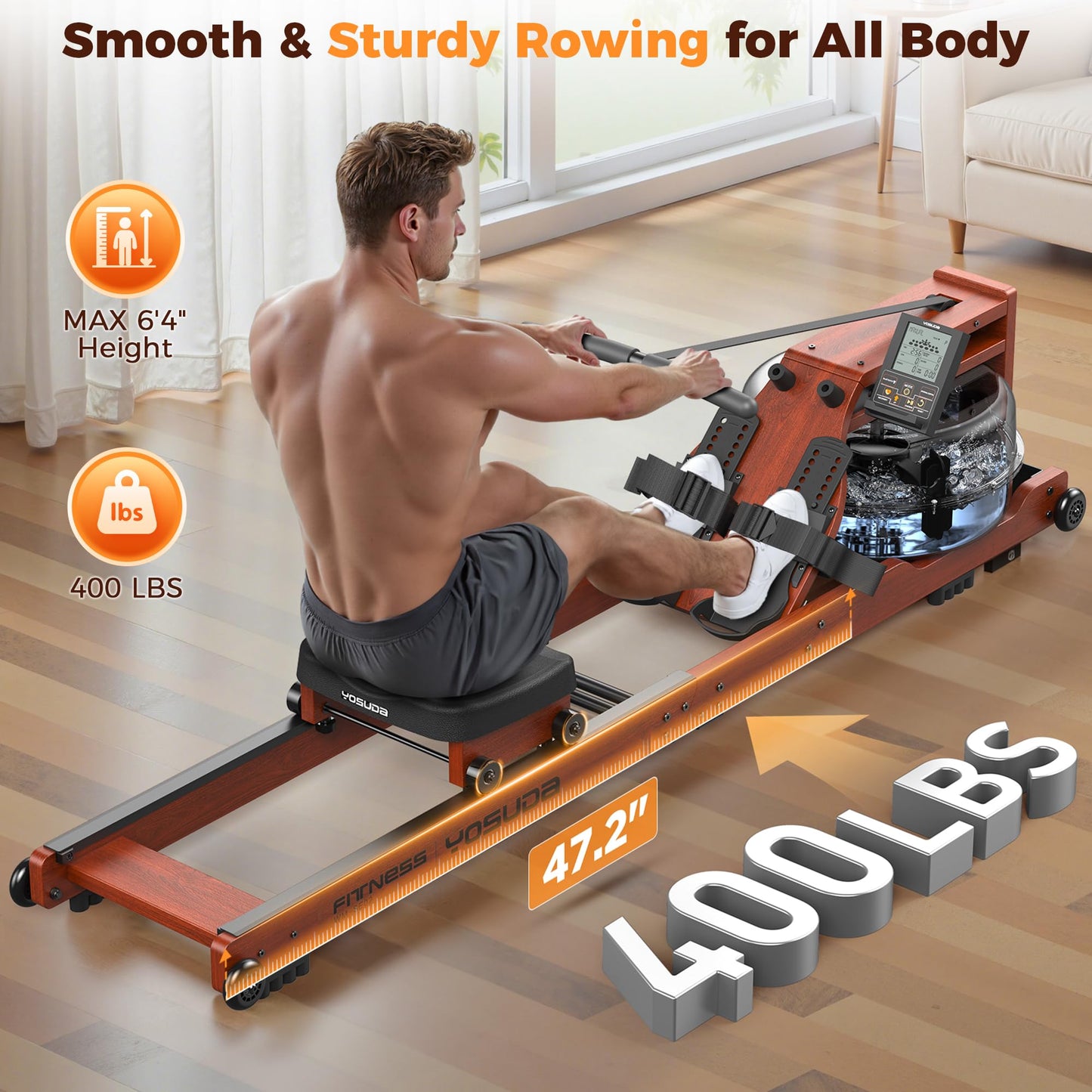 YOSUDA Water Rowing Machines for Home Use-Foldable Wooden Rower Machine 400LBS Weight Capacity with