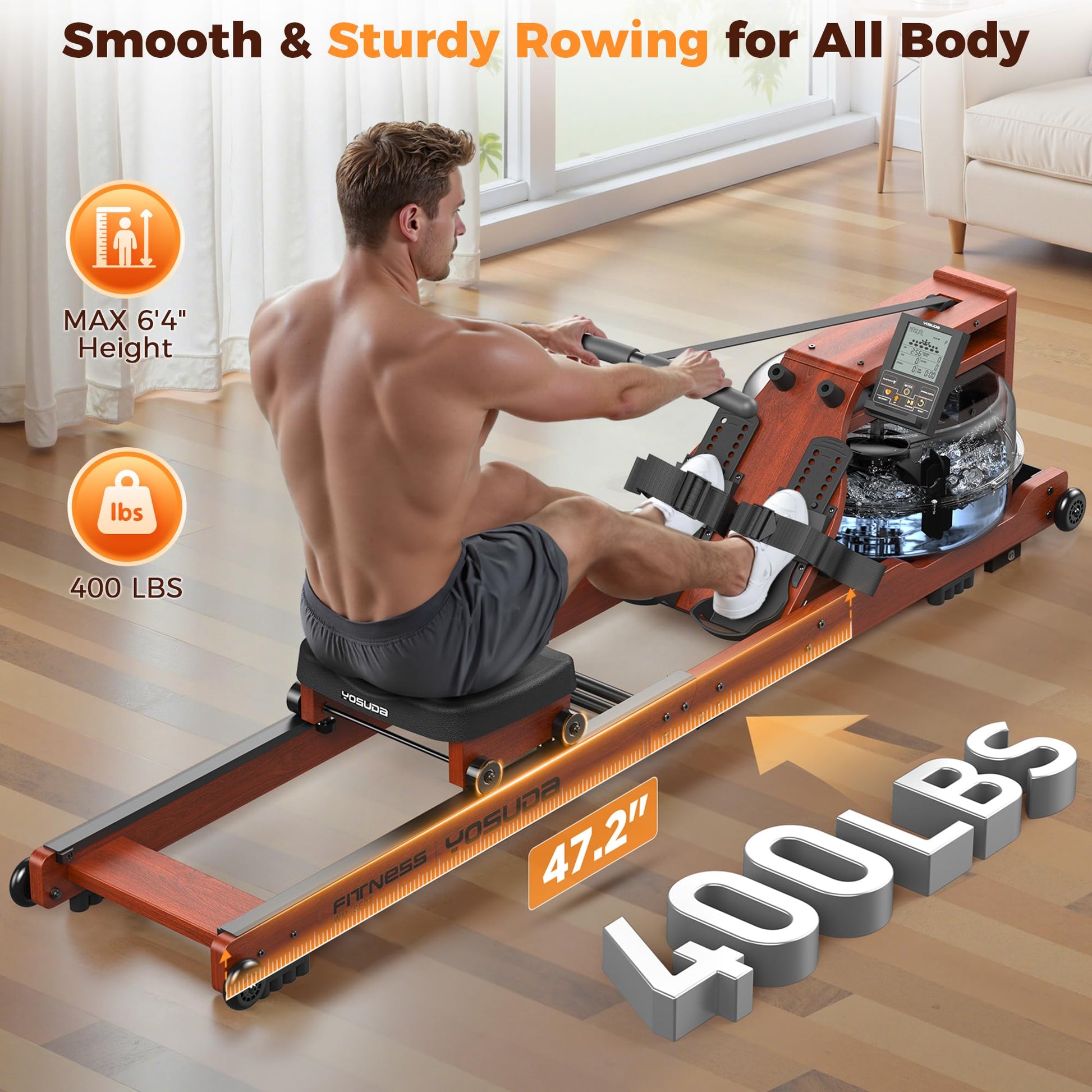YOSUDA Water Rowing Machines for Home Use-Foldable Wooden Rower Machine 400LBS Weight Capacity with