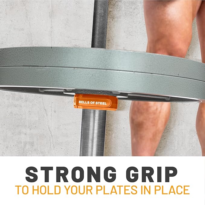 Magnetic Barbell Collars [Bells of Steel] Premium Weight Bar Clamps, Quick Release Barbell Clips, Olympic Barbell Clamps, Rubberized Gym Clips for Weightlifting Bar, Pair, Orange