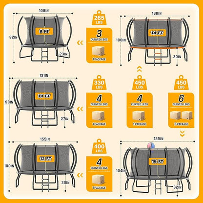 8FT 10FT 12FT 14FT 16FT Trampoline with Pop-up Quick Connector and Basketball Hoop, Trampoline Outdoor with Enclosure, Ladder, ASTM Approval for Kids and Adults