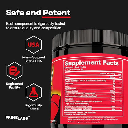 Prime Labs Pre Workout Powder for Men - with Citrulline Malate, Beta-Alanine, and Natural Caffeine - Energy, Focus, Power - Blue Lemonade Flavor - 30 Servings