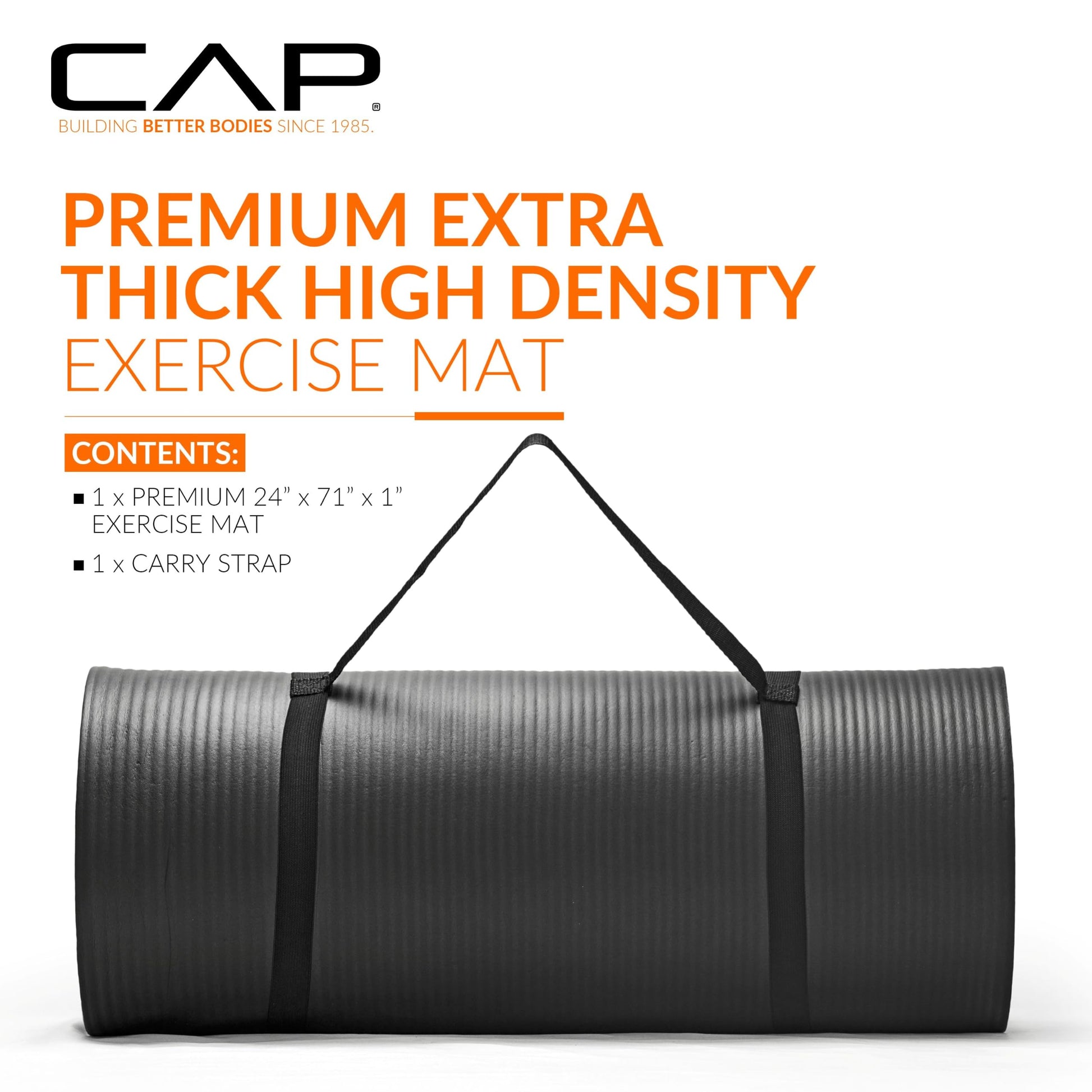 CAP Barbell Yoga Mat 1" Thick with Carrying Strap - High Density Exercise Mat for Yoga, Pilates