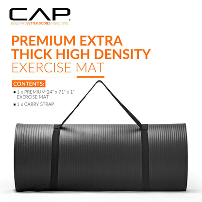 CAP Barbell Yoga Mat 1" Thick with Carrying Strap - High Density Exercise Mat for Yoga, Pilates