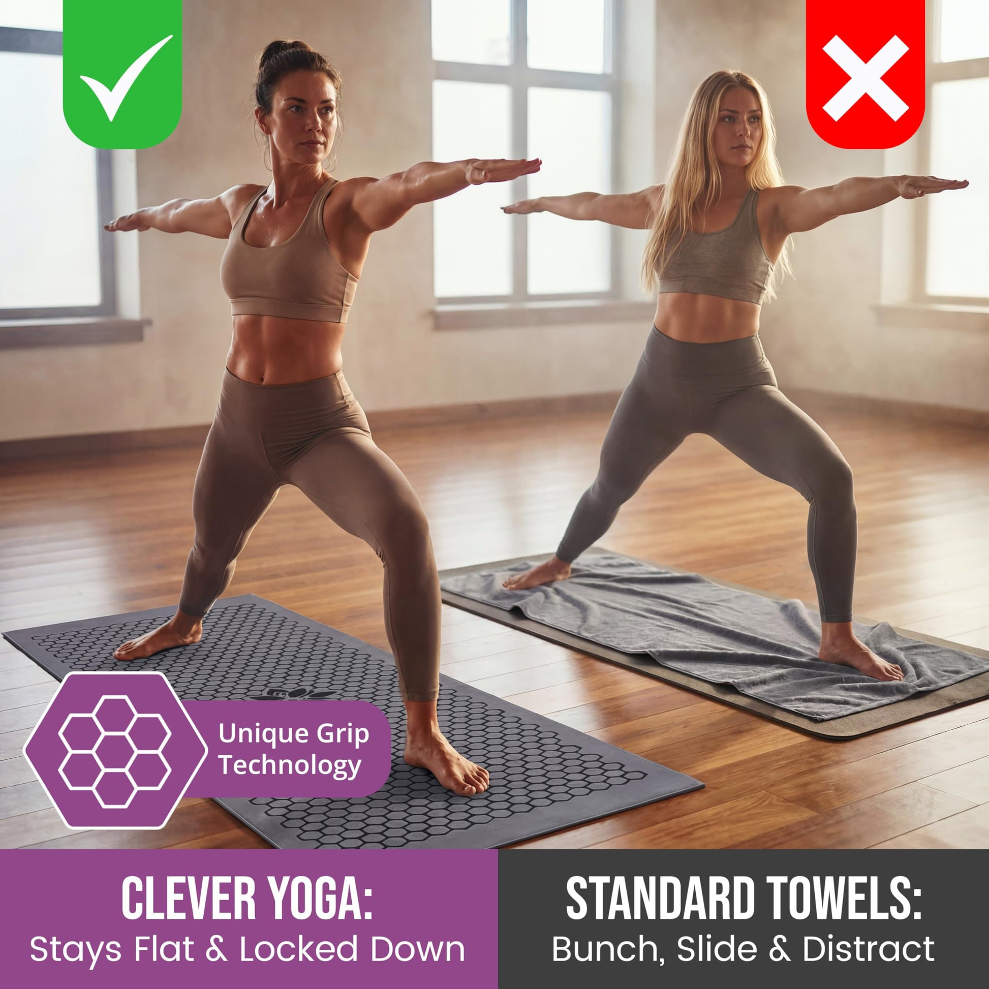 Clever Yoga Hot Yoga Mat Towel – Non-Slip Grip for Hot Yoga, Sweat Absorbent, Honeycomb Silicone